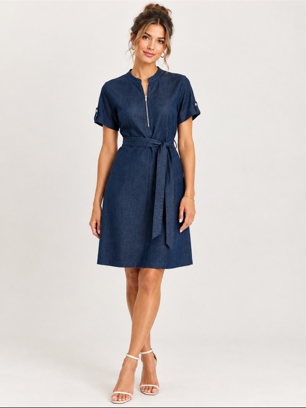 NWT En Focus Studio Blue Denim Shirt Mini Dress Zip Front Belt Short Sleeve (14)